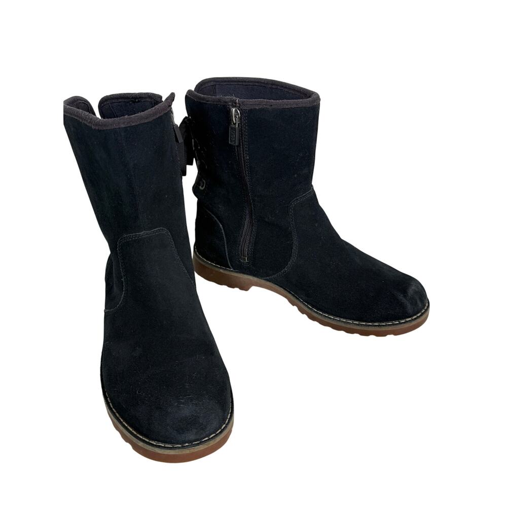 UGG Kesey Ribbon Black Suede Lace Back Boots Women's Size 5 Side Zip